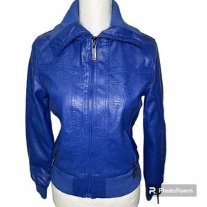 New! Coalition Cobalt Blue Faux Leather Moto Bomber Crop Women Jacket Sz S